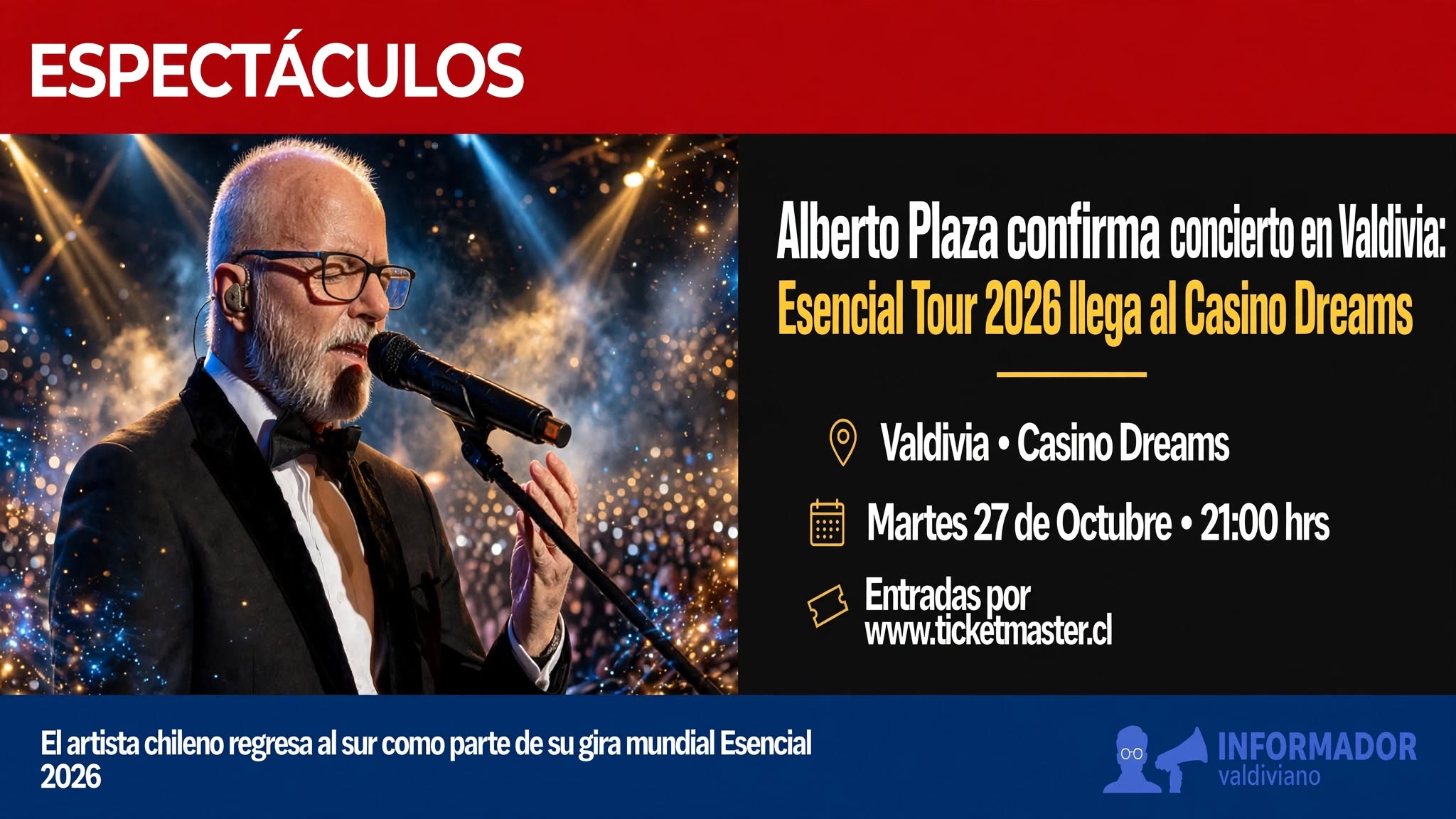 Alberto Plaza confirma concierto en Valdivia: su gira internacional «Esencial Tour 2026» llega al Casino Dreams